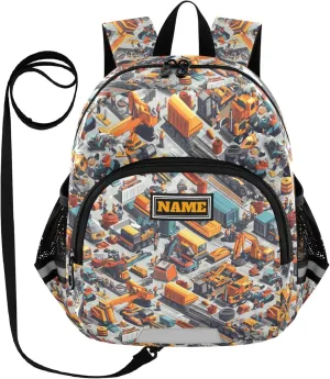 KLL Custom Cute Ears Toddler Backpacks Leash Boy's Girl's Anti-Lost Personalized Bag School with Reflective Strip S Construction Scene Build A Railway Dump Truck Road Roller