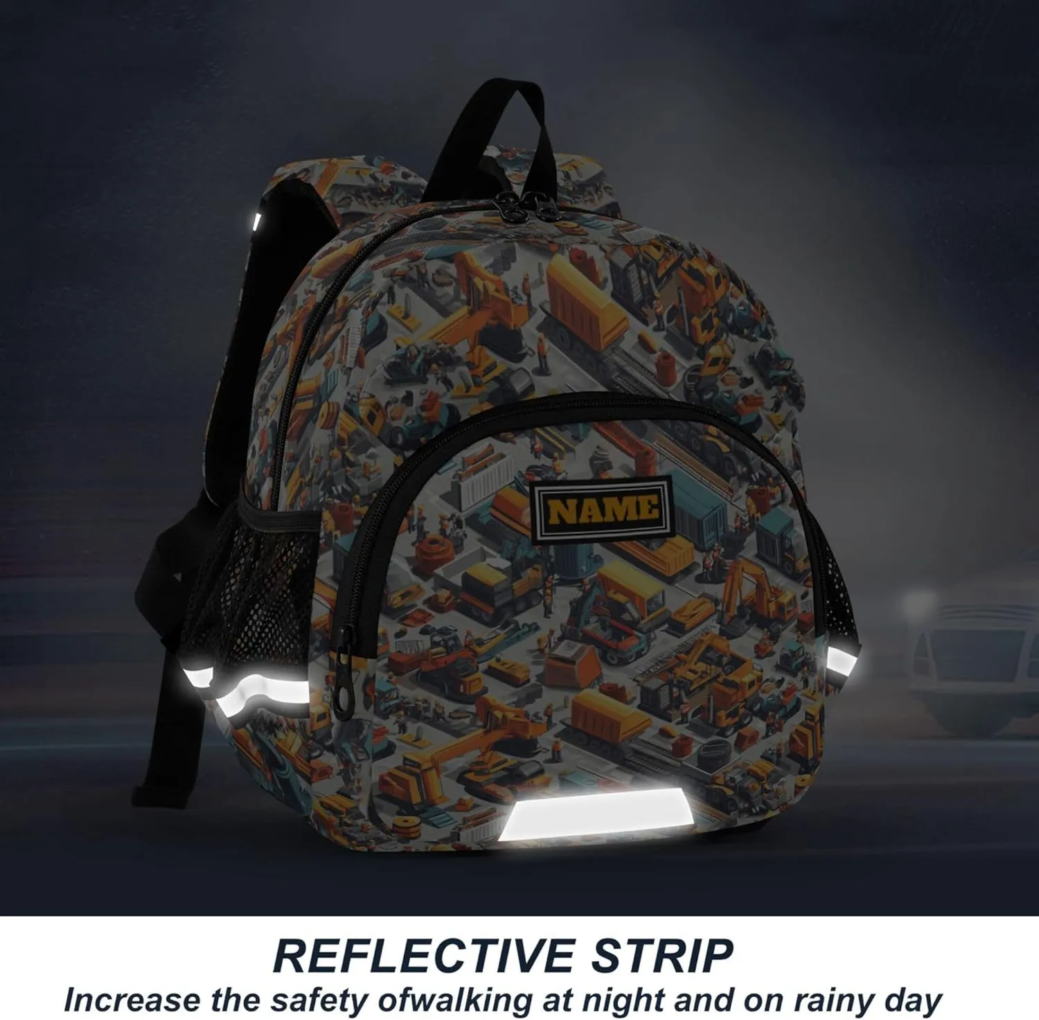 KLL Custom Cute Ears Toddler Backpacks Leash Boy's Girl's Anti-Lost Personalized Bag School with Reflective Strip S Construction Scene Build A Railway Dump Truck Road Roller