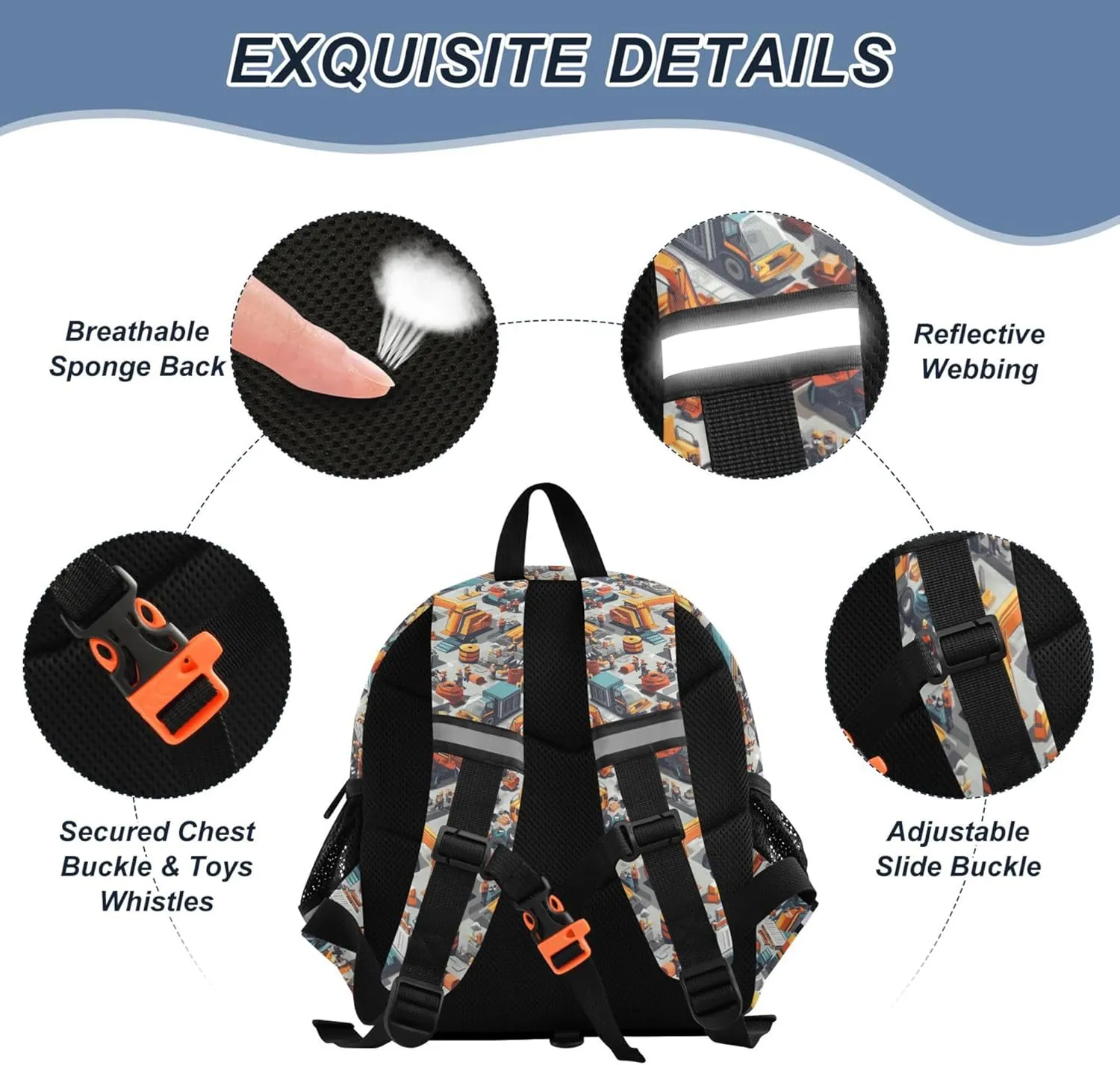 KLL Custom Cute Ears Toddler Backpacks Leash Boy's Girl's Anti-Lost Personalized Bag School with Reflective Strip S Construction Scene Build A Railway Dump Truck Road Roller