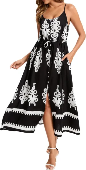 Kormei Women Summer Beach Dress Casual Boho Floral Sundress Spaghetti Strap Flowy Maxi Dresses with Pockets