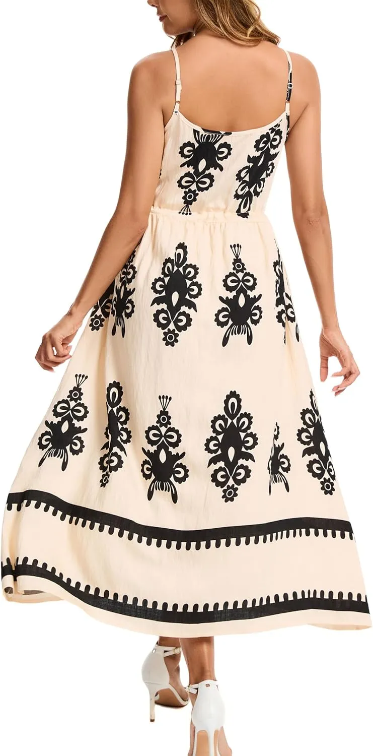 Kormei Women Summer Beach Dress Casual Boho Floral Sundress Spaghetti Strap Flowy Maxi Dresses with Pockets