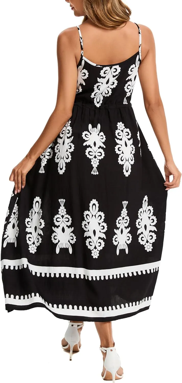 Kormei Women Summer Beach Dress Casual Boho Floral Sundress Spaghetti Strap Flowy Maxi Dresses with Pockets