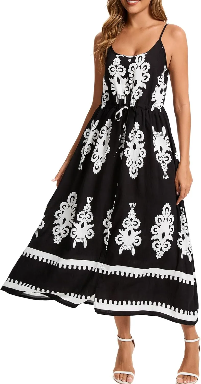 Kormei Women Summer Beach Dress Casual Boho Floral Sundress Spaghetti Strap Flowy Maxi Dresses with Pockets