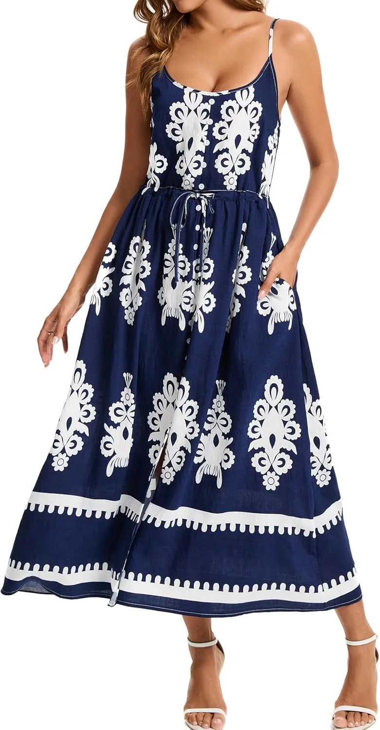 Kormei Women Summer Beach Dress Casual Boho Floral Sundress Spaghetti Strap Flowy Maxi Dresses with Pockets