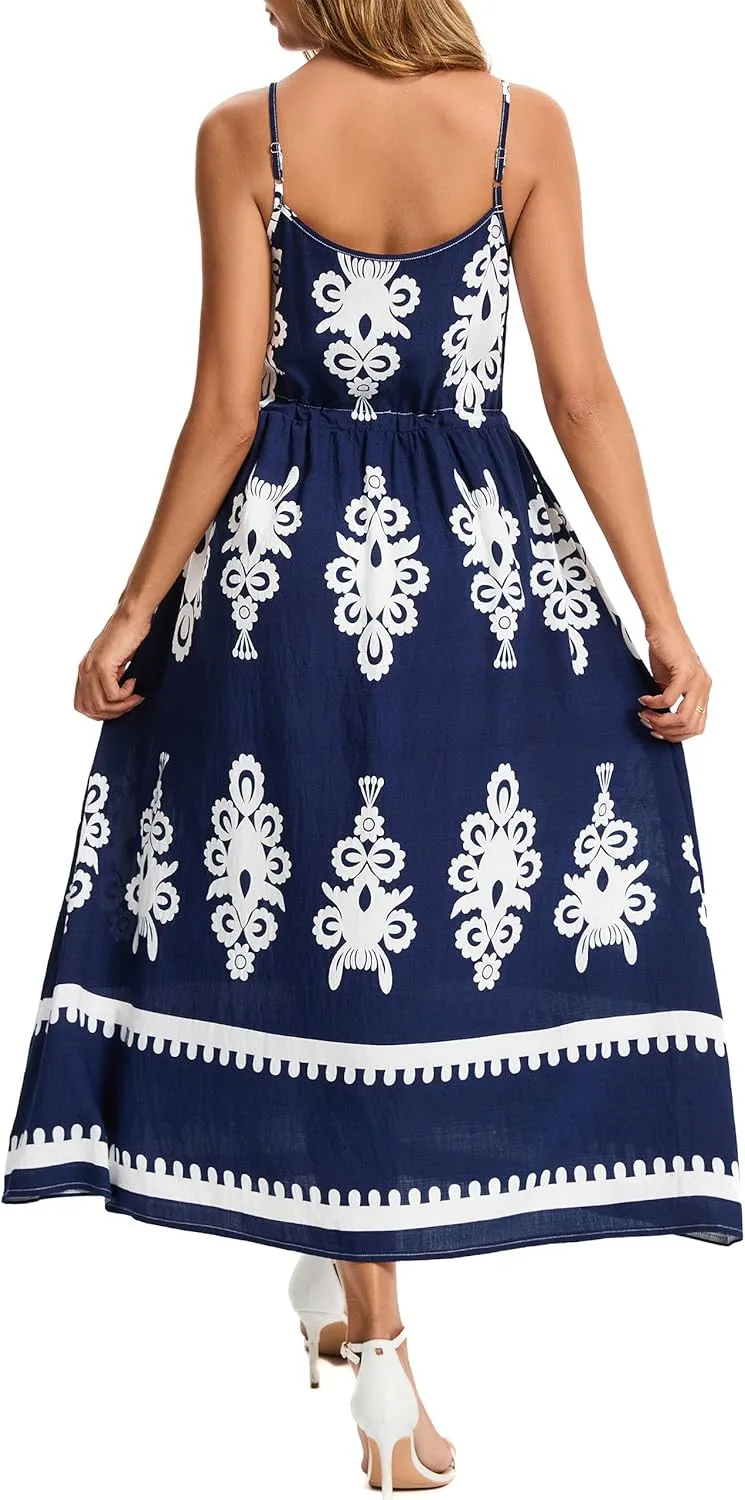 Kormei Women Summer Beach Dress Casual Boho Floral Sundress Spaghetti Strap Flowy Maxi Dresses with Pockets