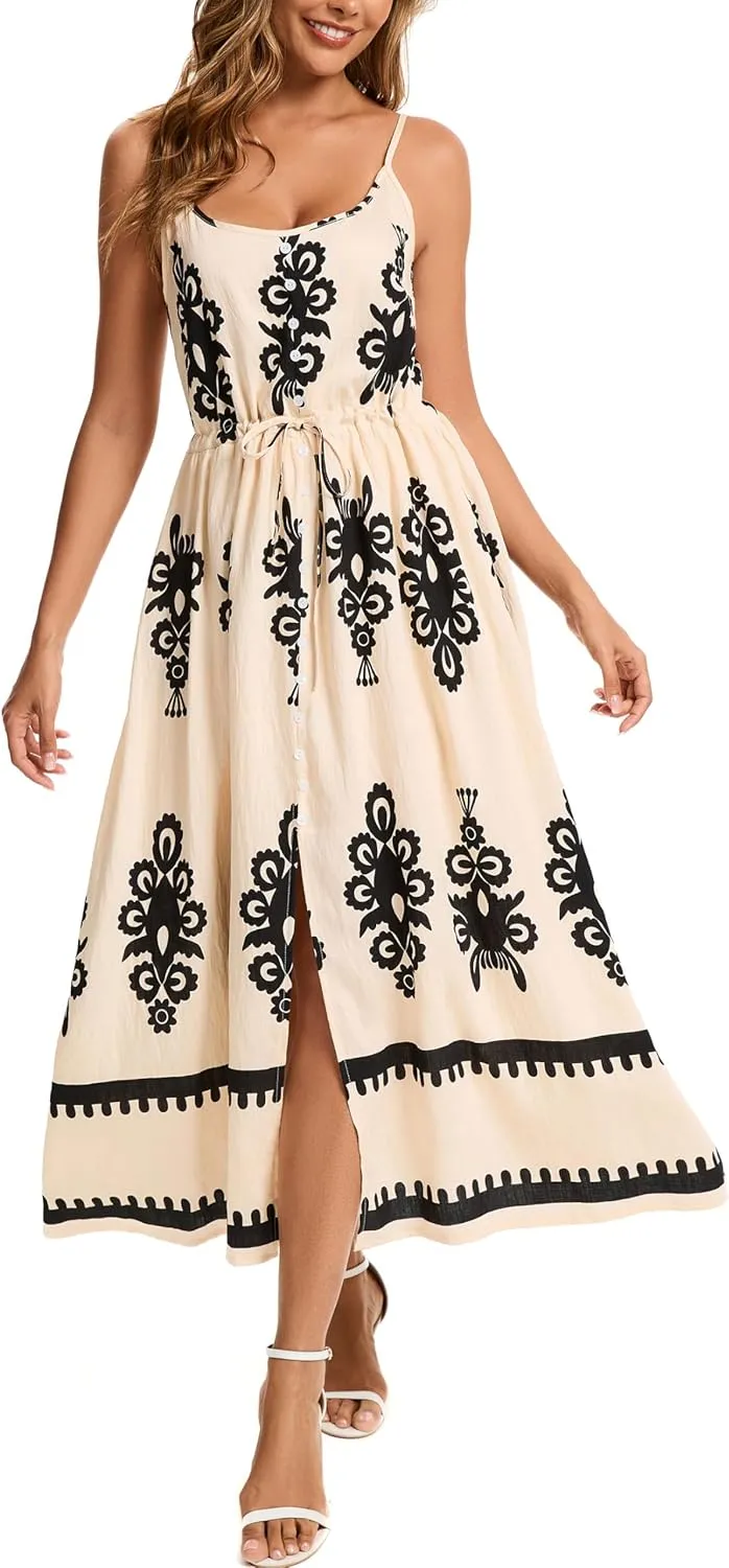 Kormei Women Summer Beach Dress Casual Boho Floral Sundress Spaghetti Strap Flowy Maxi Dresses with Pockets