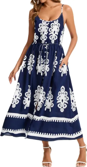 Kormei Women Summer Beach Dress Casual Boho Floral Sundress Spaghetti Strap Flowy Maxi Dresses with Pockets