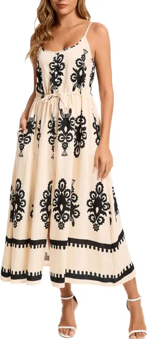 Kormei Women Summer Beach Dress Casual Boho Floral Sundress Spaghetti Strap Flowy Maxi Dresses with Pockets