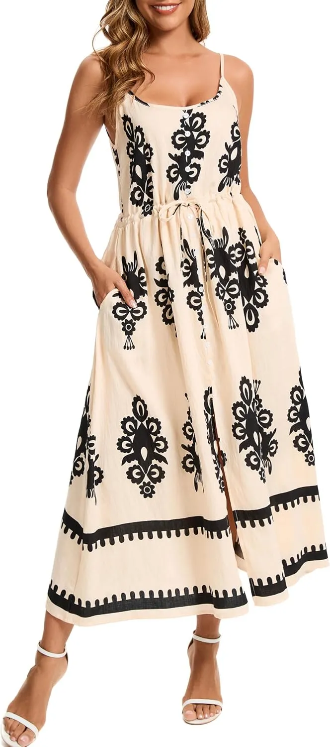 Kormei Women Summer Beach Dress Casual Boho Floral Sundress Spaghetti Strap Flowy Maxi Dresses with Pockets