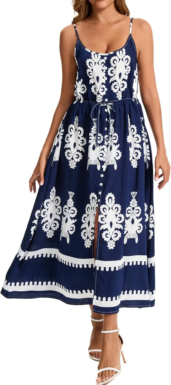 Kormei Women Summer Beach Dress Casual Boho Floral Sundress Spaghetti Strap Flowy Maxi Dresses with Pockets