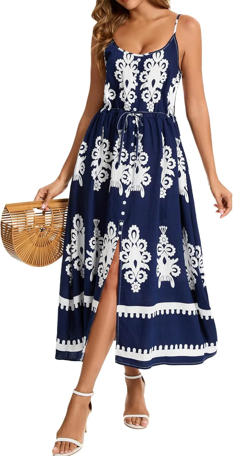 Kormei Women Summer Beach Dress Casual Boho Floral Sundress Spaghetti Strap Flowy Maxi Dresses with Pockets