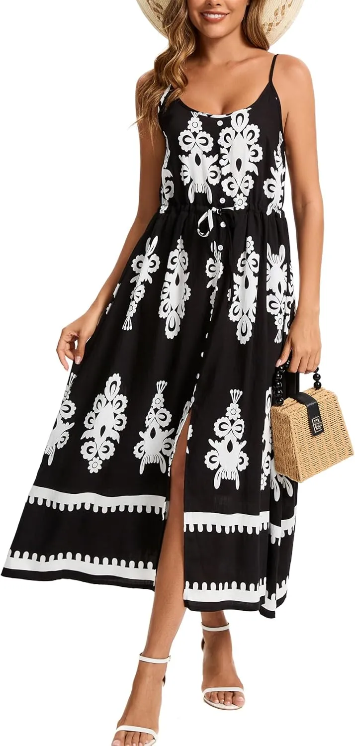 Kormei Women Summer Beach Dress Casual Boho Floral Sundress Spaghetti Strap Flowy Maxi Dresses with Pockets