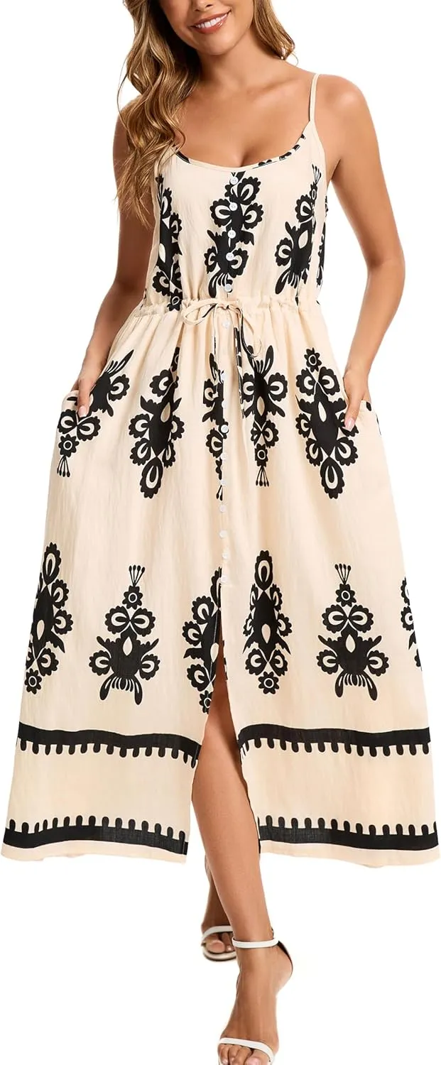 Kormei Women Summer Beach Dress Casual Boho Floral Sundress Spaghetti Strap Flowy Maxi Dresses with Pockets