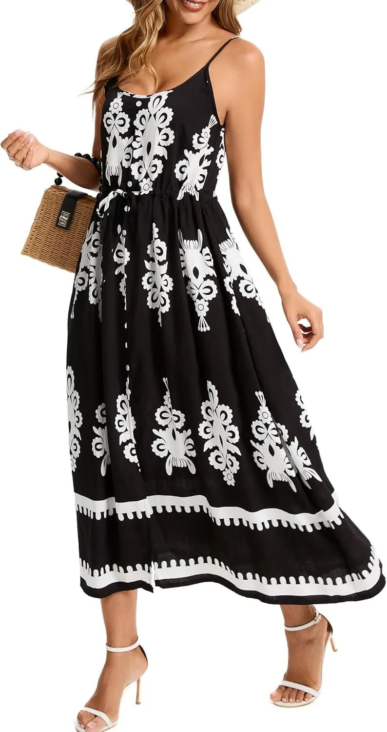 Kormei Women Summer Beach Dress Casual Boho Floral Sundress Spaghetti Strap Flowy Maxi Dresses with Pockets