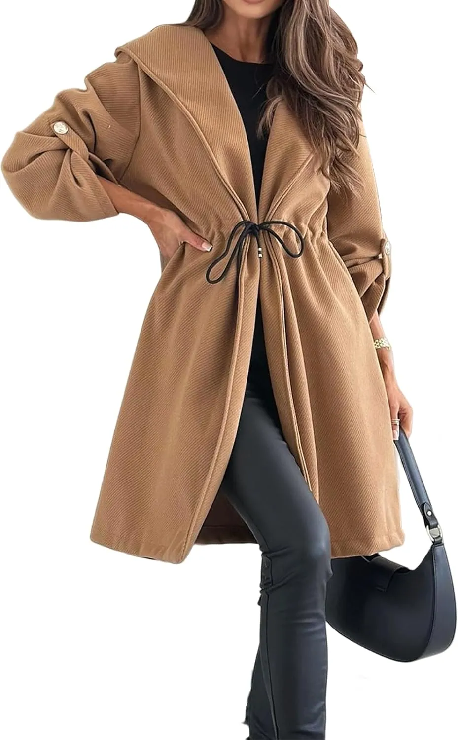 Kubbon Womens Pea Coat Open Front Long Hooded Jacket Elegant Long Sleeve Lapel Collar Trench Coat with A Tie at The Waist
