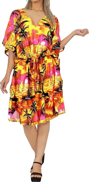 LA LEELA Women's Summer Loungewear Relaxed Fit Caftan Mini Casual Sundress 2X-3X Yellow, Beach