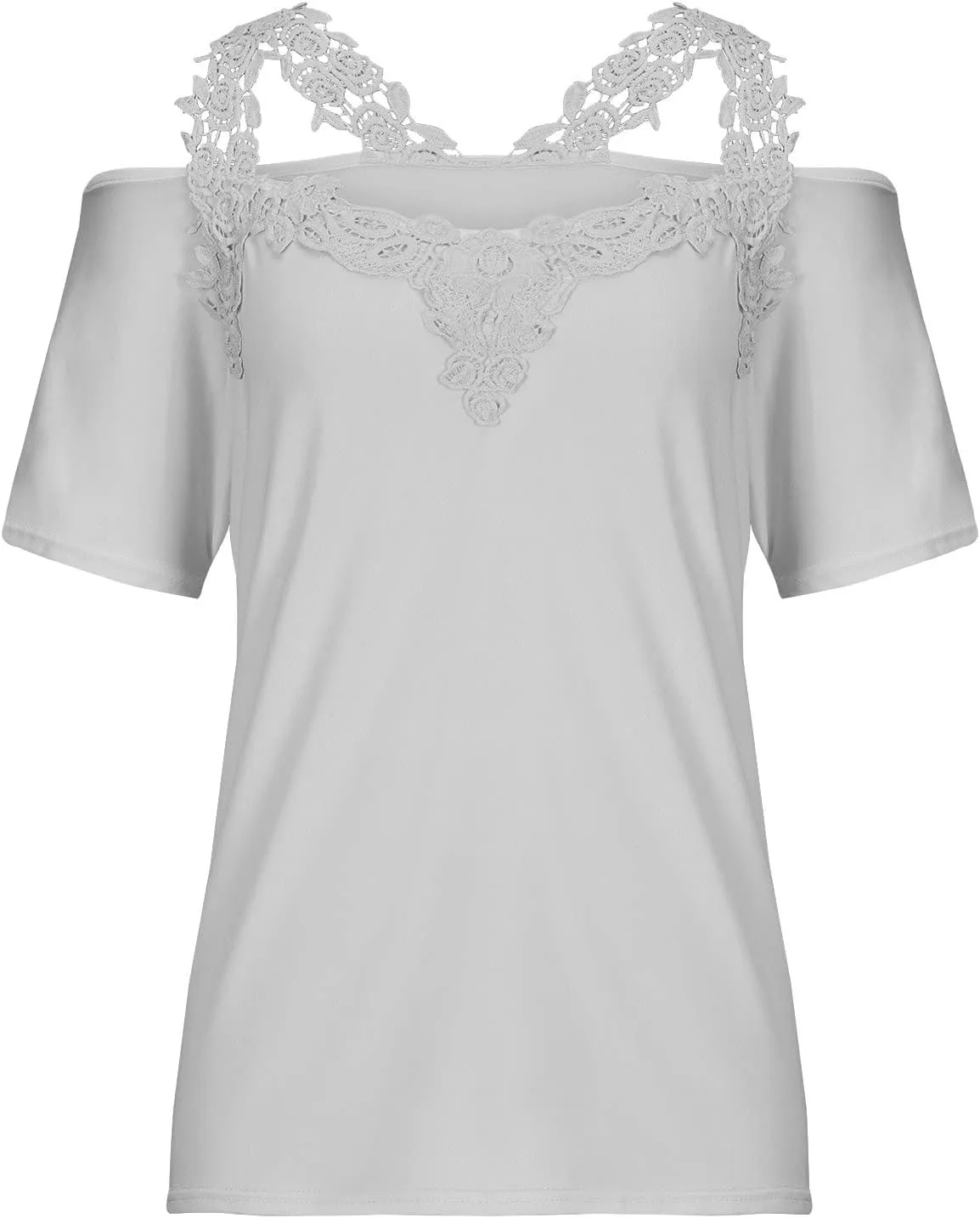 Lace Crochet v Neck Tops for Women Trendy 2024 Summer Short Sleeve Cold Shoulder Tunic Shirt Dressy Plus Size Blouses