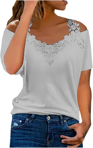 Lace Crochet v Neck Tops for Women Trendy 2024 Summer Short Sleeve Cold Shoulder Tunic Shirt Dressy Plus Size Blouses