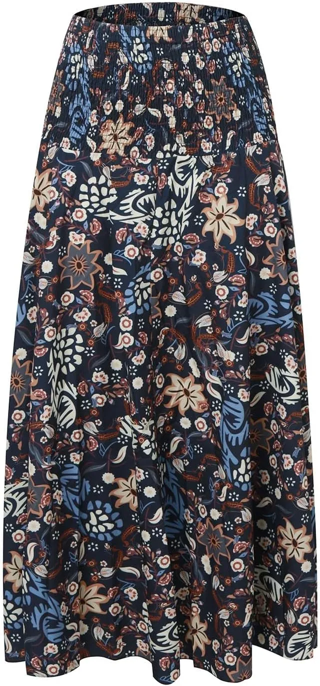Ladies Boho Maxi Skirts Summer Beach Flowy Tiered High Waist A-Line Skirt Vintage Bohemian Mexico Vacation Outfits for Women