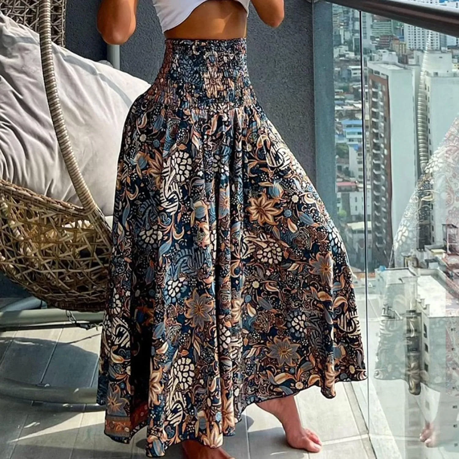 Ladies Boho Maxi Skirts Summer Beach Flowy Tiered High Waist A-Line Skirt Vintage Bohemian Mexico Vacation Outfits for Women