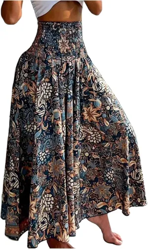 Ladies Boho Maxi Skirts Summer Beach Flowy Tiered High Waist A-Line Skirt Vintage Bohemian Mexico Vacation Outfits for Women