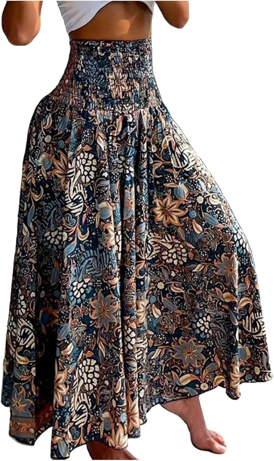 Ladies Boho Maxi Skirts Summer Beach Flowy Tiered High Waist A-Line Skirt Vintage Bohemian Mexico Vacation Outfits for Women
