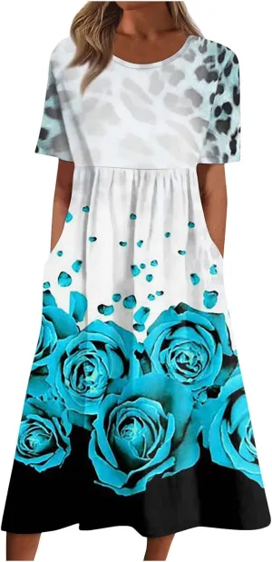 Ladies Dress Pleated Basic Round Neck 2024 Short-Sleeve Midi Loose Daily Women's Dresses Classic with Pocket