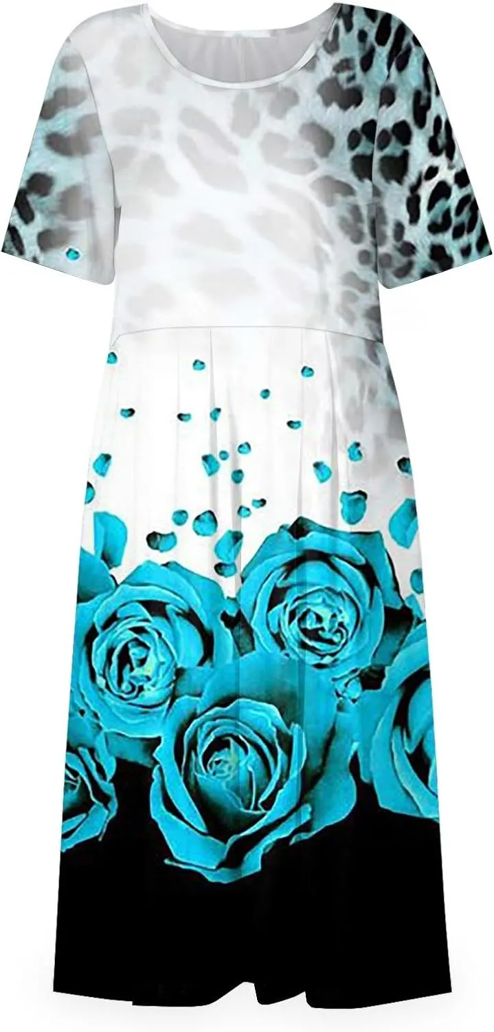 Ladies Dress Pleated Basic Round Neck 2024 Short-Sleeve Midi Loose Daily Women's Dresses Classic with Pocket