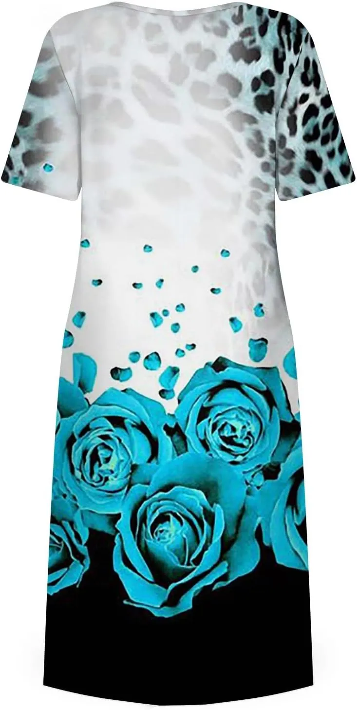 Ladies Dress Pleated Basic Round Neck 2024 Short-Sleeve Midi Loose Daily Women's Dresses Classic with Pocket