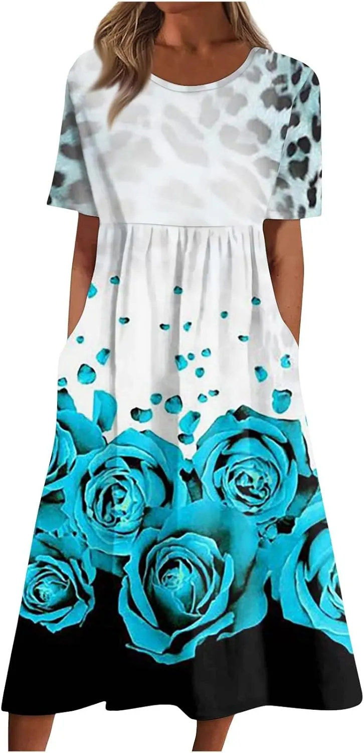 Ladies Dress Pleated Basic Round Neck 2024 Short-Sleeve Midi Loose Daily Women's Dresses Classic with Pocket