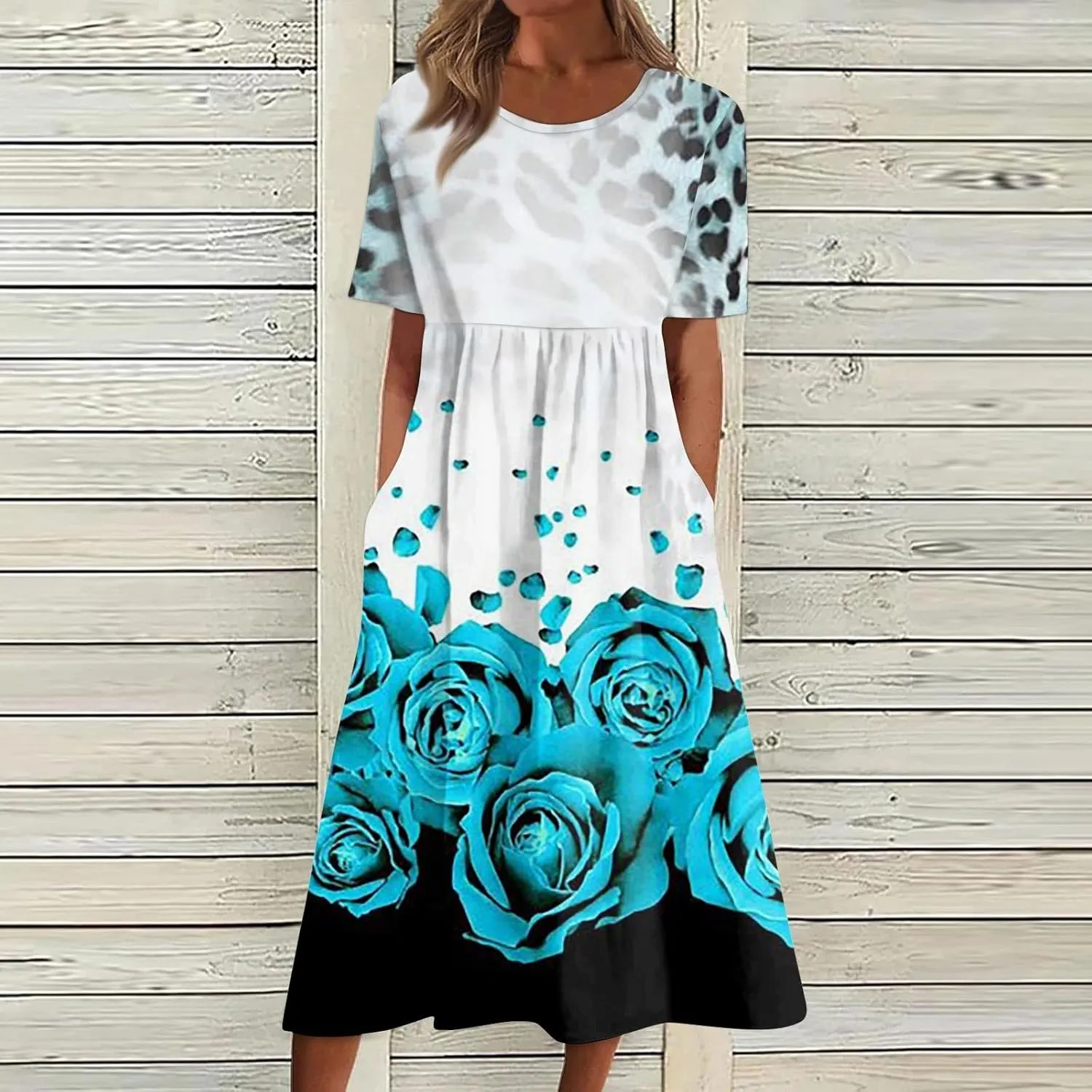 Ladies Dress Pleated Basic Round Neck 2024 Short-Sleeve Midi Loose Daily Women's Dresses Classic with Pocket