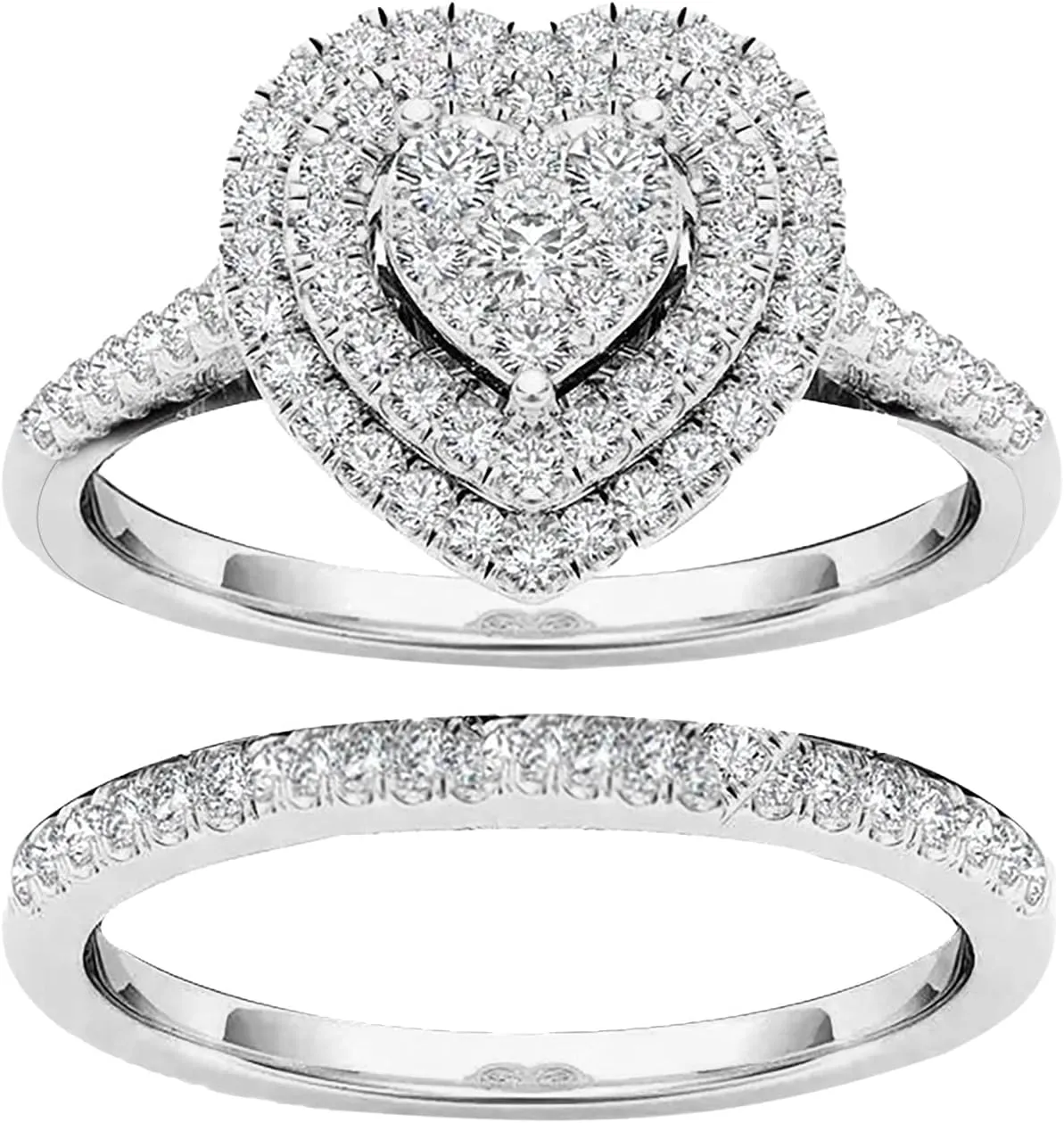 Ladies Heart Shaped Bridal Engagement Anniversary Wedding Ring Round Cut Simulation Diamond Pave Band Set, Silver
