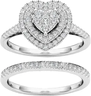 Ladies Heart Shaped Bridal Engagement Anniversary Wedding Ring Round Cut Simulation Diamond Pave Band Set, Silver