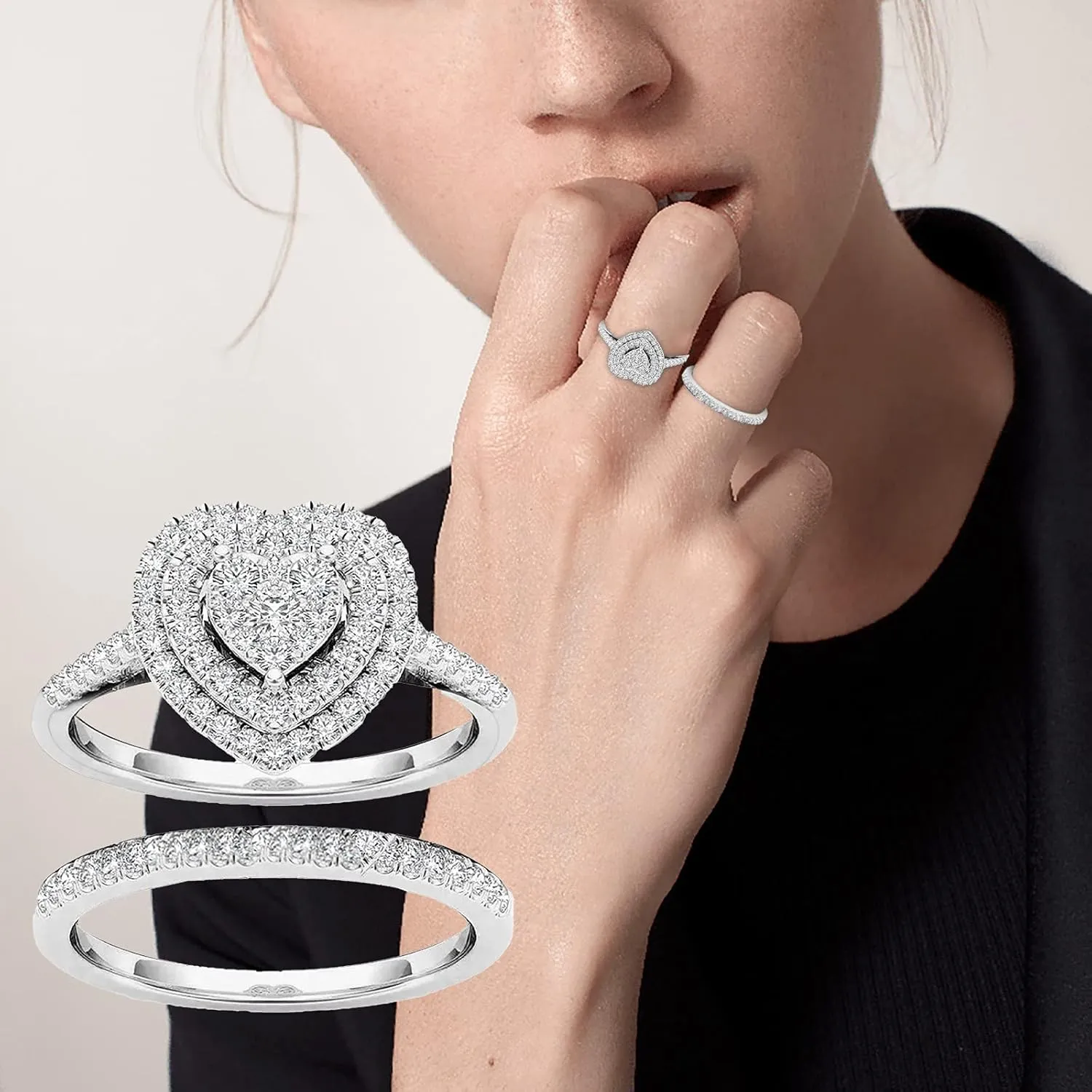 Ladies Heart Shaped Bridal Engagement Anniversary Wedding Ring Round Cut Simulation Diamond Pave Band Set, Silver