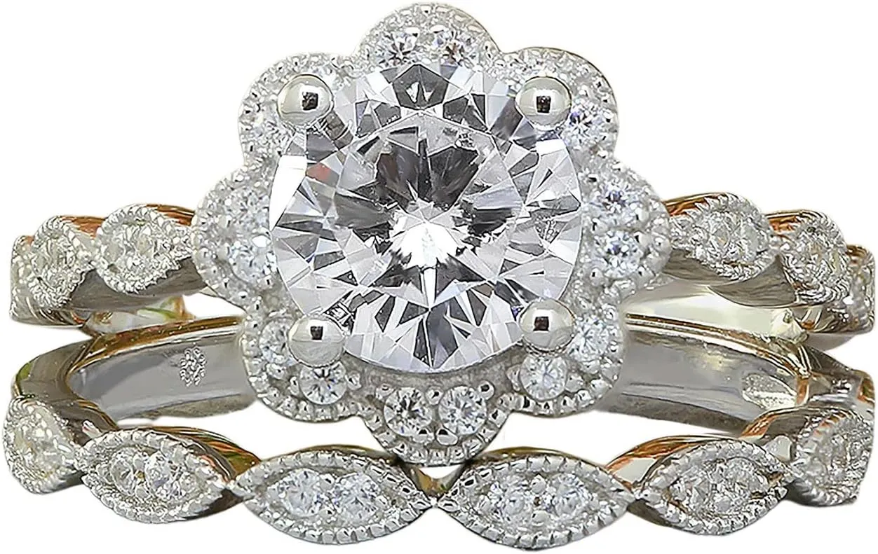 Lady 2Pcs Flower Solitaire Rings Set for Womens CZ Simulating Diamond Wedding Bands Zircon Engagement Ring (Silver, 10)