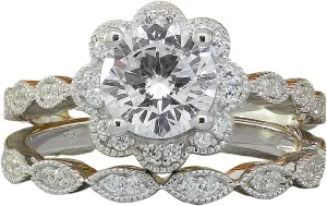 Lady 2Pcs Flower Solitaire Rings Set for Womens CZ Simulating Diamond Wedding Bands Zircon Engagement Ring (Silver, 10)