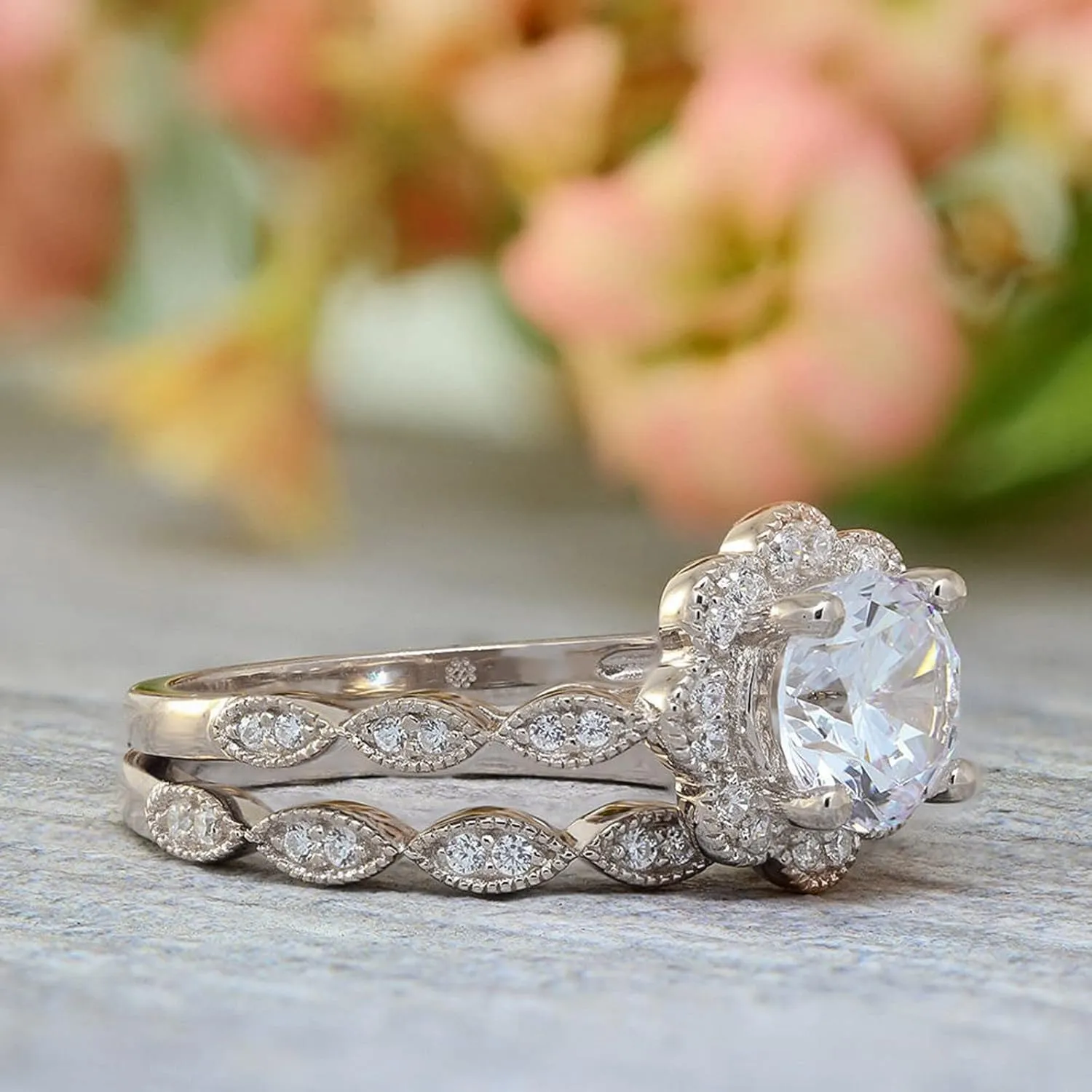 Lady 2Pcs Flower Solitaire Rings Set for Womens CZ Simulating Diamond Wedding Bands Zircon Engagement Ring (Silver, 10)