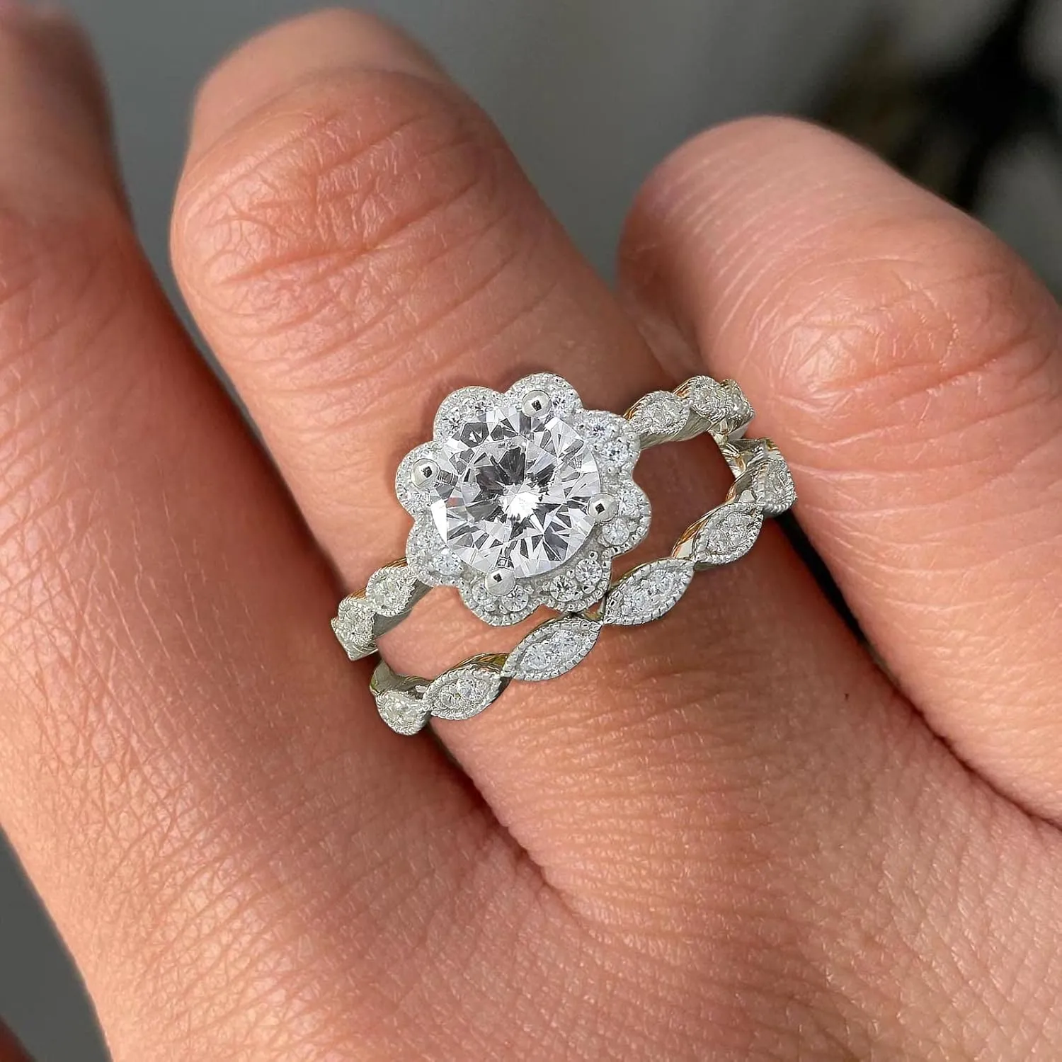 Lady 2Pcs Flower Solitaire Rings Set for Womens CZ Simulating Diamond Wedding Bands Zircon Engagement Ring (Silver, 10)