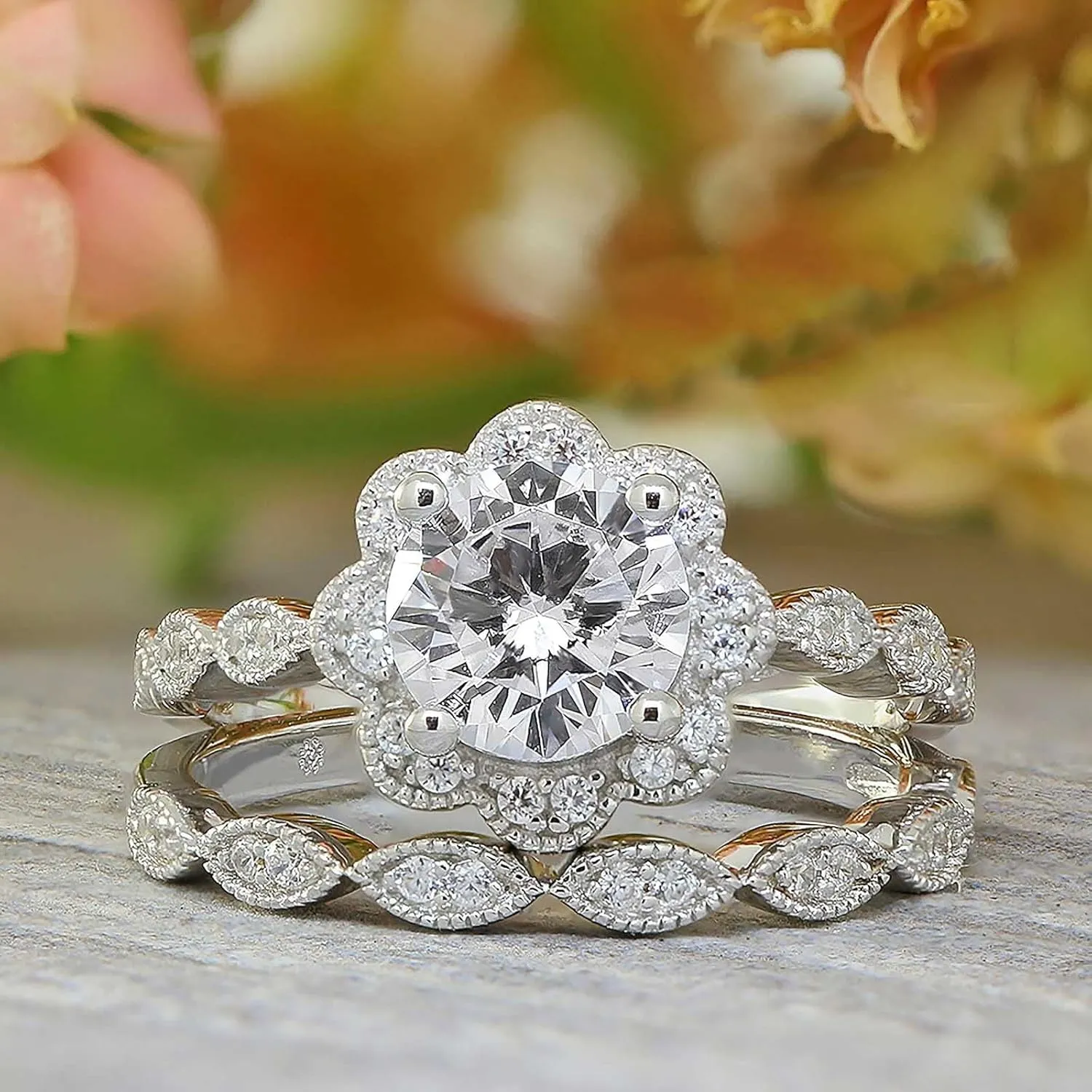 Lady 2Pcs Flower Solitaire Rings Set for Womens CZ Simulating Diamond Wedding Bands Zircon Engagement Ring (Silver, 10)