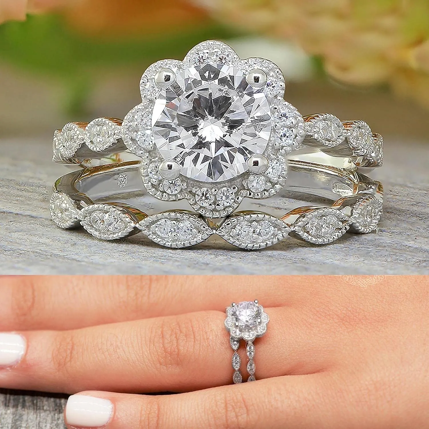 Lady 2Pcs Flower Solitaire Rings Set for Womens CZ Simulating Diamond Wedding Bands Zircon Engagement Ring (Silver, 10)