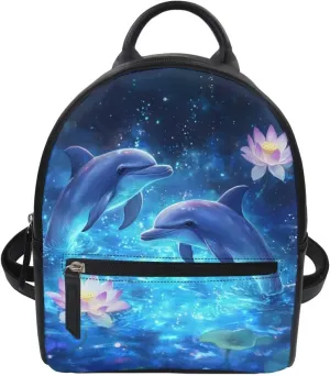 Leather Mini Backpack for Women Dolphin Lotus Small Backpack Purse for Work Teen Girls Casual Daypack for College Schoolbag Travel Shoulder Bag Mini Satchel