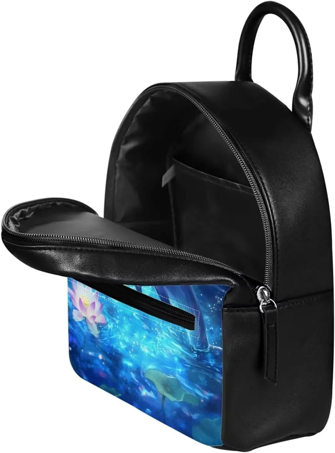 Leather Mini Backpack for Women Dolphin Lotus Small Backpack Purse for Work Teen Girls Casual Daypack for College Schoolbag Travel Shoulder Bag Mini Satchel