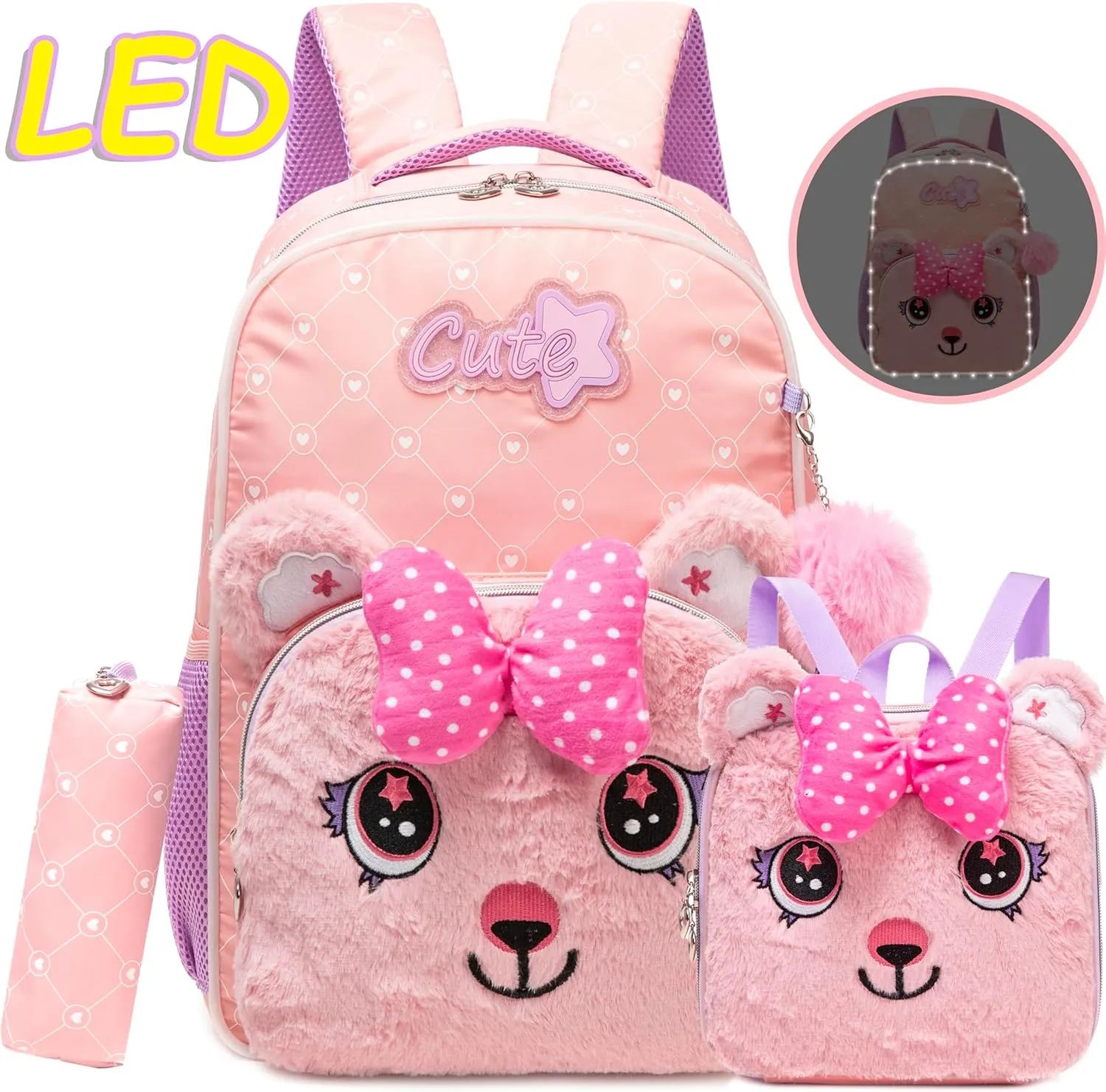 Led Backpack for Girls Backpacks for Kids with LED Strip Lights School Backpack for Girls with Lunch Box Back to School Supplies Cute Kawaii Kids Backpacks for Girl