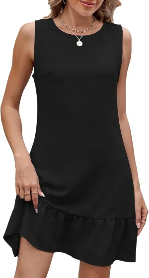 LEMONONSTORE Casual Summer Dresses for Women Sleeveless Loose Shift Ruffle Trim Mini Tunic Shirt Dress Beach Holiday Sundress