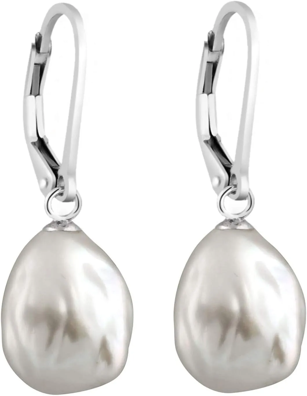 Lever-back Dangling Earrings with White Baroque Freshwater Cultured Pearls 10-12mm