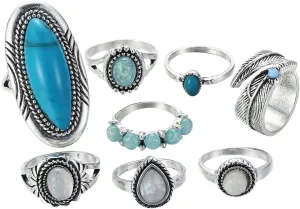 LIFKOME Vintage Knuckle Rings Set 8pcs Alloy Imitation Turquoise Finger Rings Size for Women Birthday Ladies