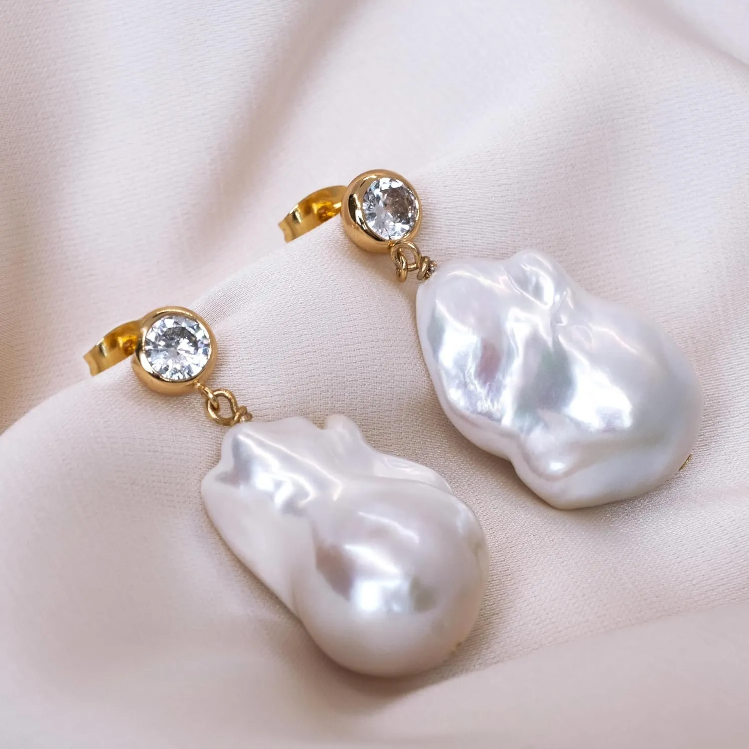 LILY LUSTRE 14k Gold Plated 925 Sterling Silver Handpicked AAAA Quality Natural White Freshwater Cultured Irregular Fireball Baroque Pearl Drop Dangle Bridal Earrings for Women