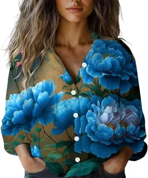 Linen Boho Floral Shirts for Women Long Sleeve Button Down V Neck Ethnic Tops Casual Blouse Summer Vintage Shirts