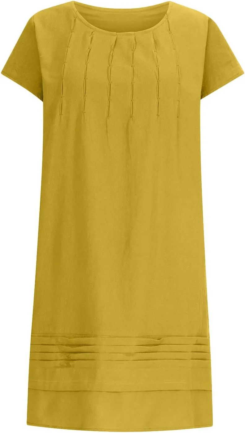 Linen Dress for Women Pleated Summer Dresses Round Neck Short Sleeve Sundress Beach Vacation Casual Mini Dress 2025