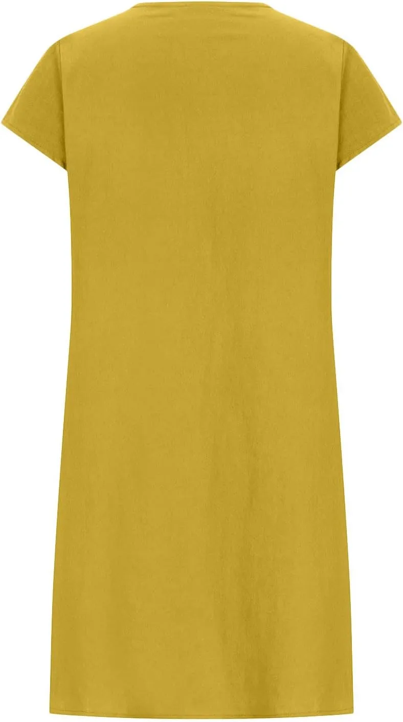 Linen Dress for Women Pleated Summer Dresses Round Neck Short Sleeve Sundress Beach Vacation Casual Mini Dress 2025